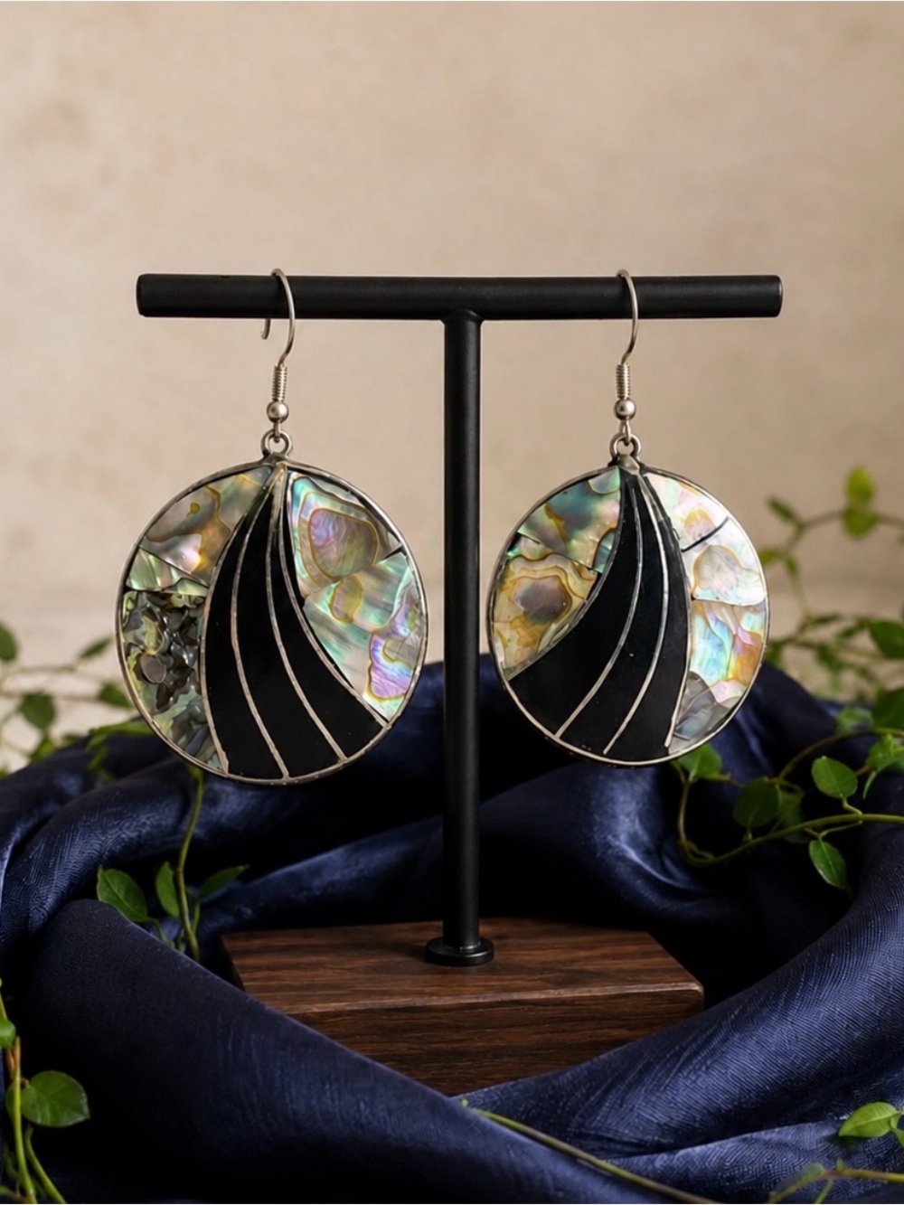Earrings Large Disc Iridescent Mother of Pearl & Black Inlay Drop Vintage